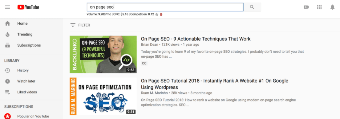 brian dean's video, which ranks first on YouTube for 'on page SEO', as an example of internet marketing